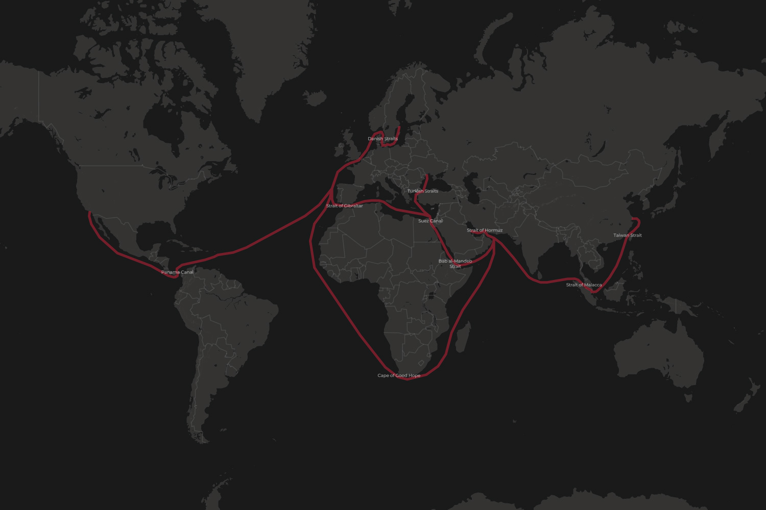 The world's strategic shipping chokepoints. Oil leaving the Gulf has essentially one exit — Hormuz — and only one true alternative for cargoes already at sea: the long detour around the Cape of Good Hope.